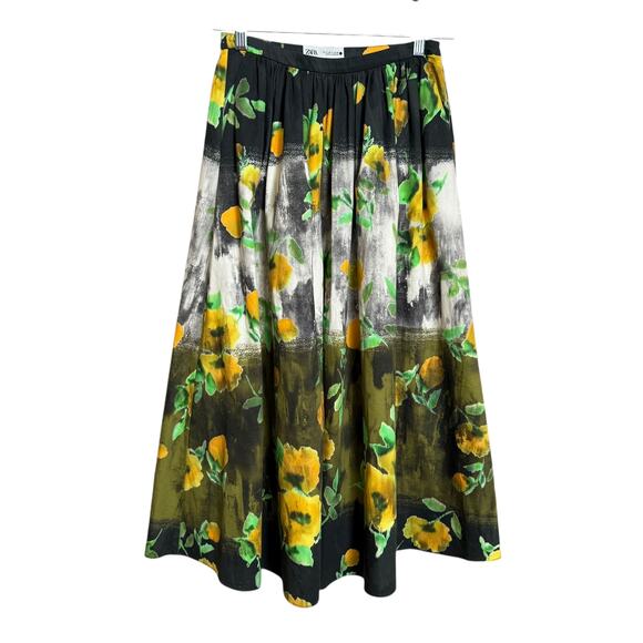 ZARA Floral Print Midi Skirt High Waisted Size S 100% Cotton Zip Side Closure - Picture 3 of 9